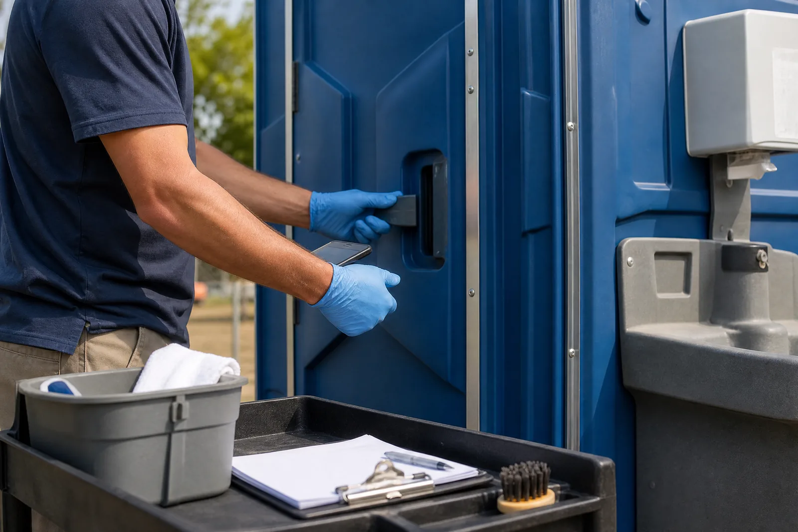 Portable restroom placed beside a landscaped outdoor event area with a clear pedestrian approach